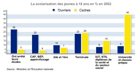 Inégalités de scolarisation entre les jeunes d'ouvriers et de cadres